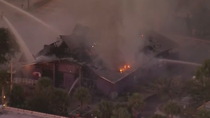 Helicopter footage of fire at fireworks store in Florida